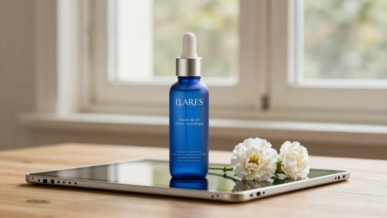 Flacons de soin dermo-cosmétique sobres posés sur une tablette en