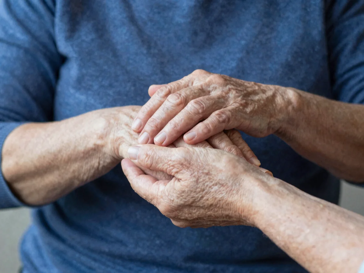 Gestes d'analyse sur des mains d'une femme de 58 ans, texture de